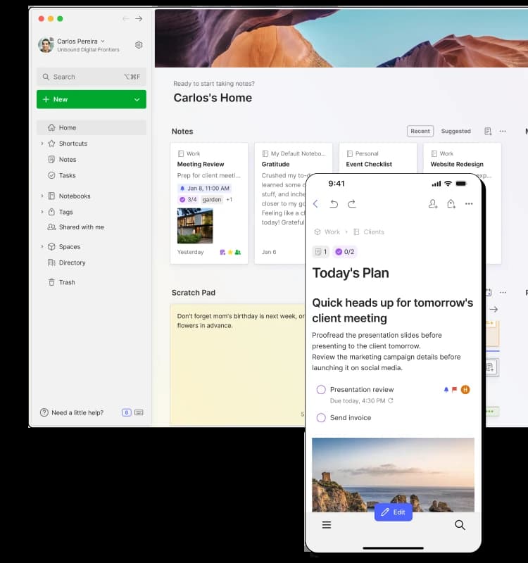 Evernote homepage screen, desktop and mobile.