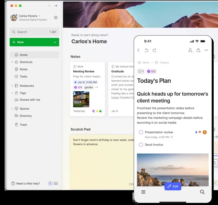 Evernote homepage, both desktop and mobile