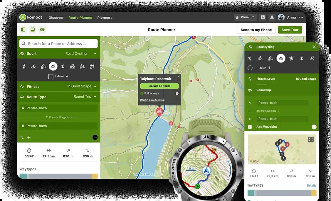 Komoot homepage, both desktop and mobile. Showing a map of the world with a route highlighted