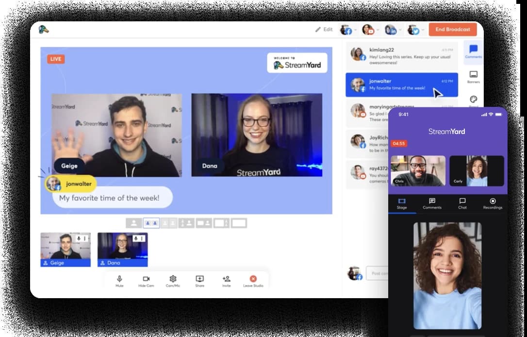 Streamyard homepage, both desktop and mobile
