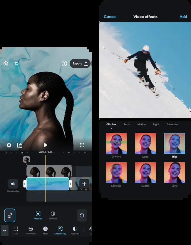 Splice screenshots showing the app editing functionalities