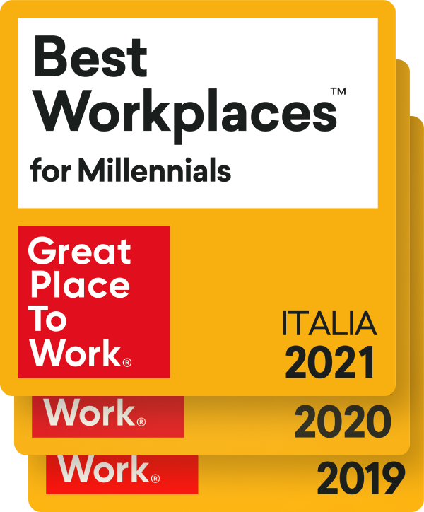 The logo of the Great Place To Work award: Italy’s Best Workplaces for Millennials 2019, 2020, and 2021.